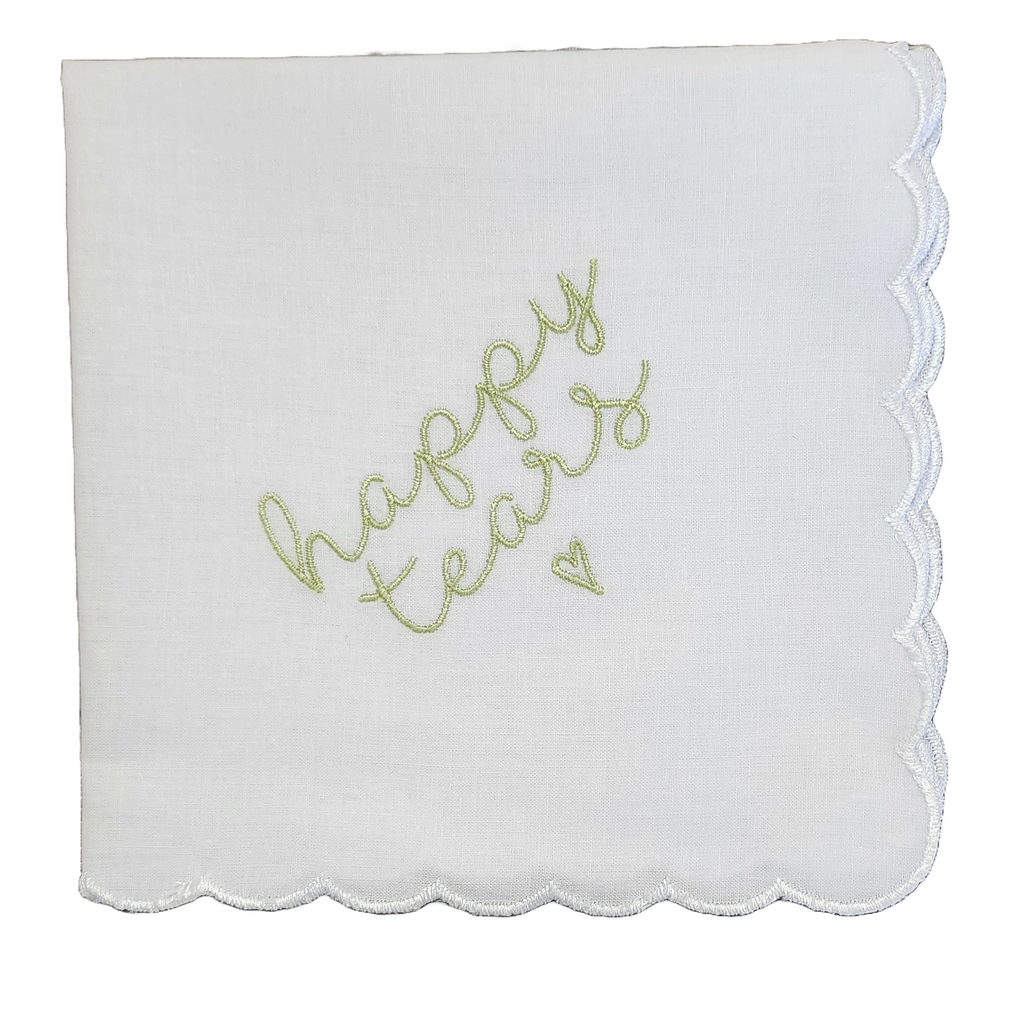 HAPPY TEARS Embroidered Square Scalloped Edge Handkerchief - Celadon Green