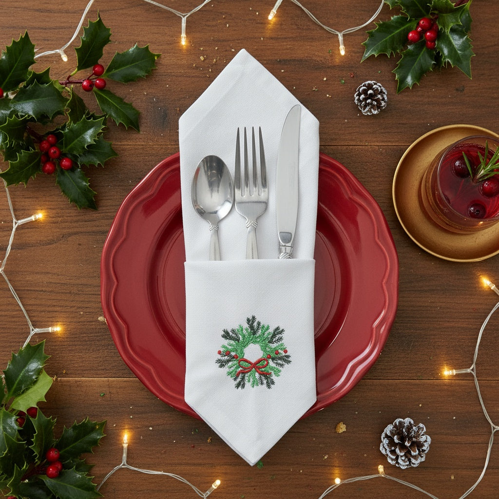 Christmas Wreath Embroidered Cotton 18x18 inch Dinner Napkins