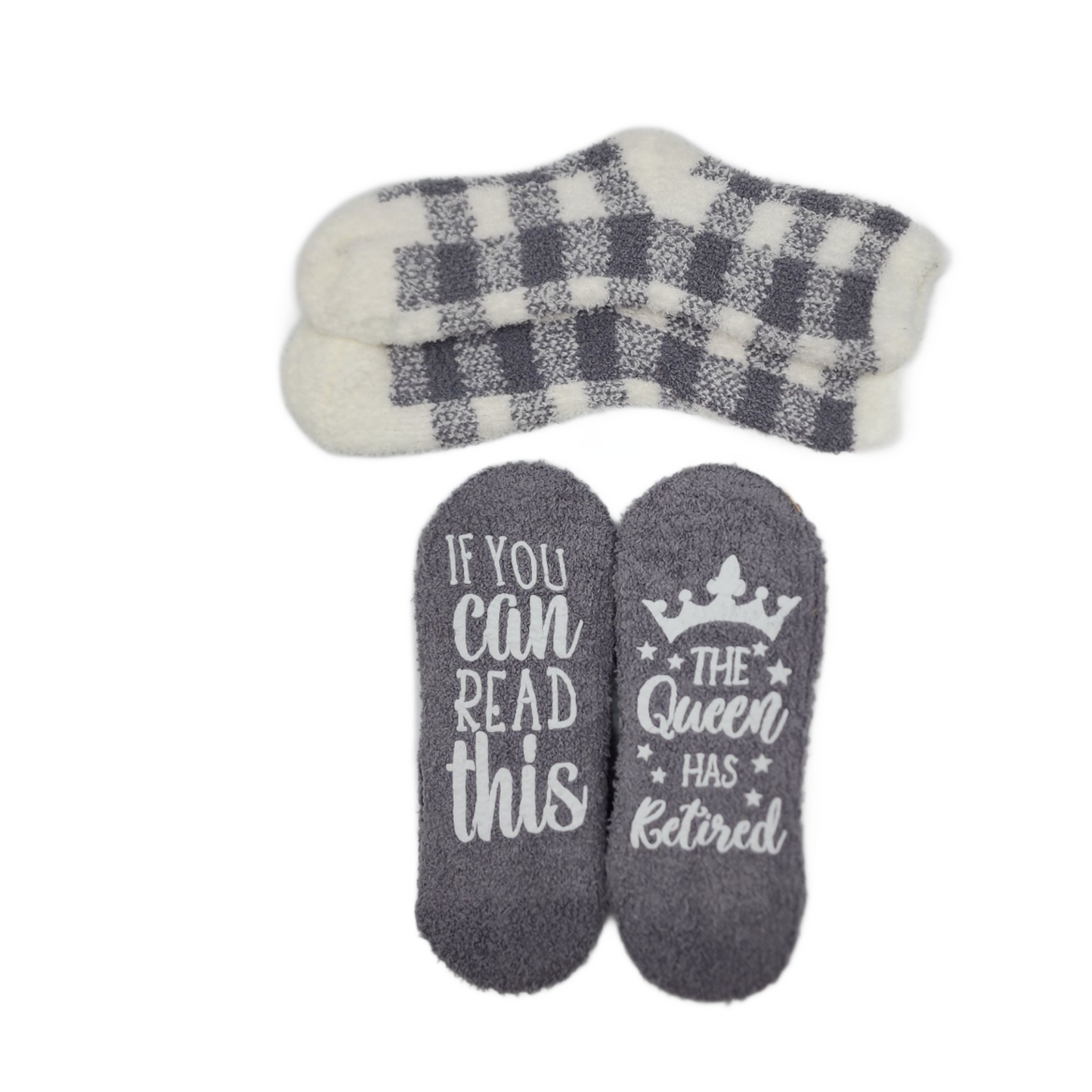 2 pair Fuzzy Socks, Puffy Design, If You Can Read This, The Queen Has Retired, Grey/White