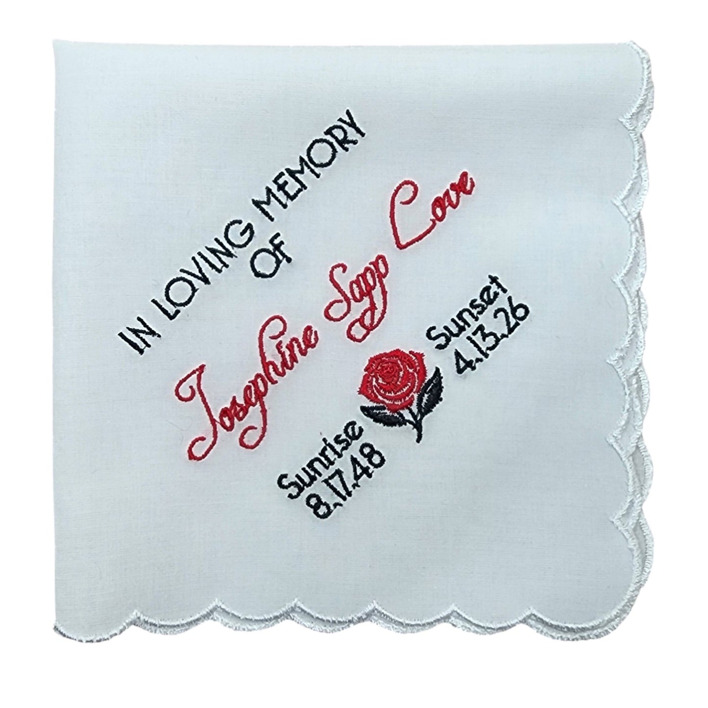 IN LOVING MEMORY OF Embroidered Scalloped Handkerchief with Custom Name and Dates