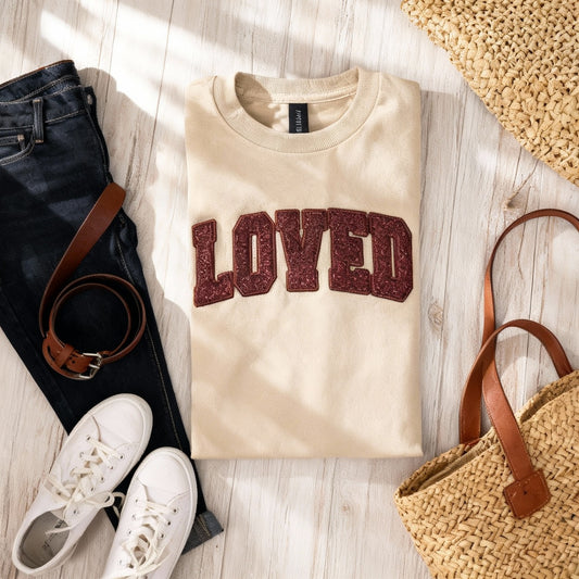 Valentines LOVED Embroidered Glitter Applique Tee Shirt - Sand/Burgundy