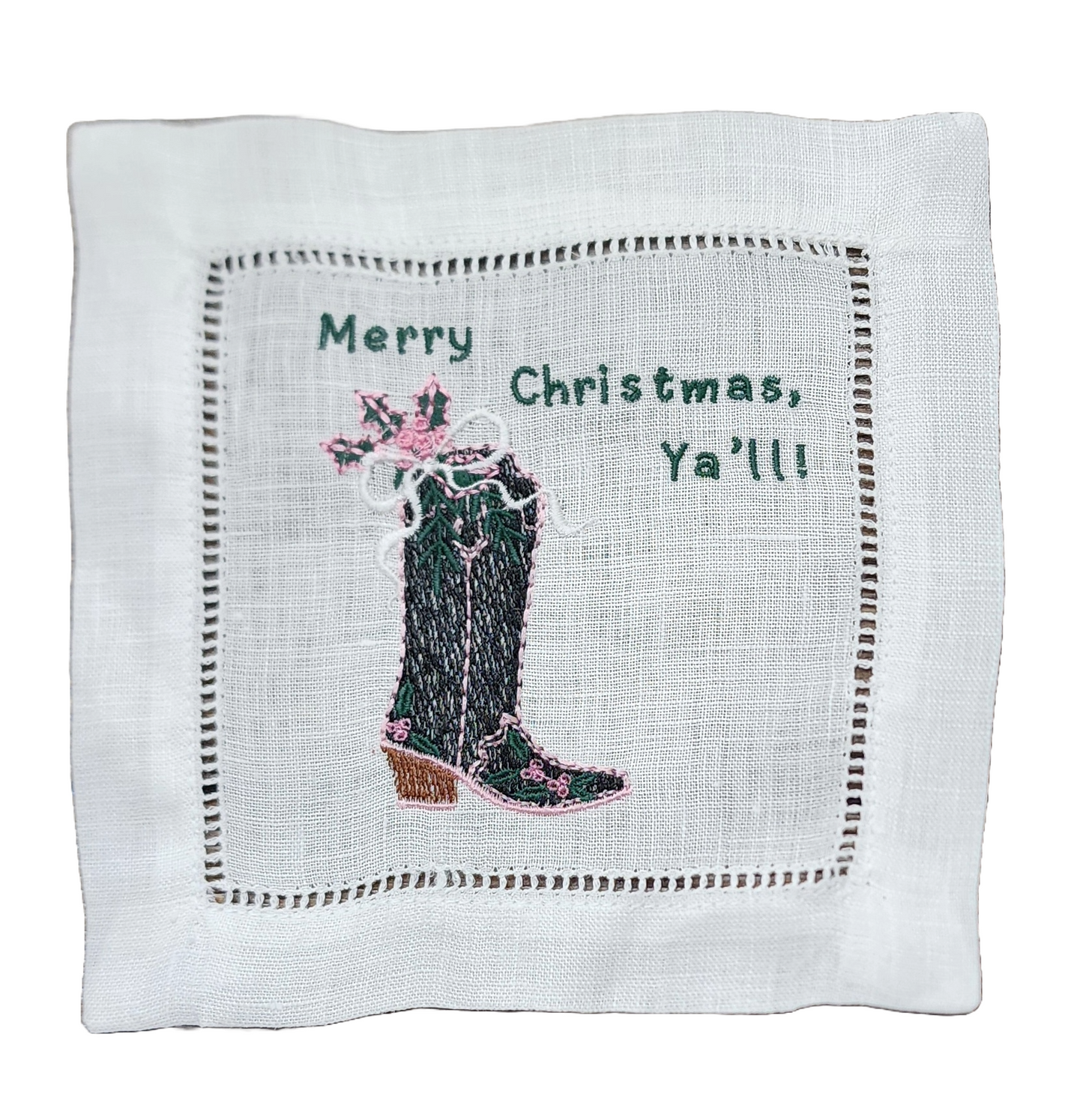 Merry Christmas Ya'll! Embroidered Linen Cocktail Napkin