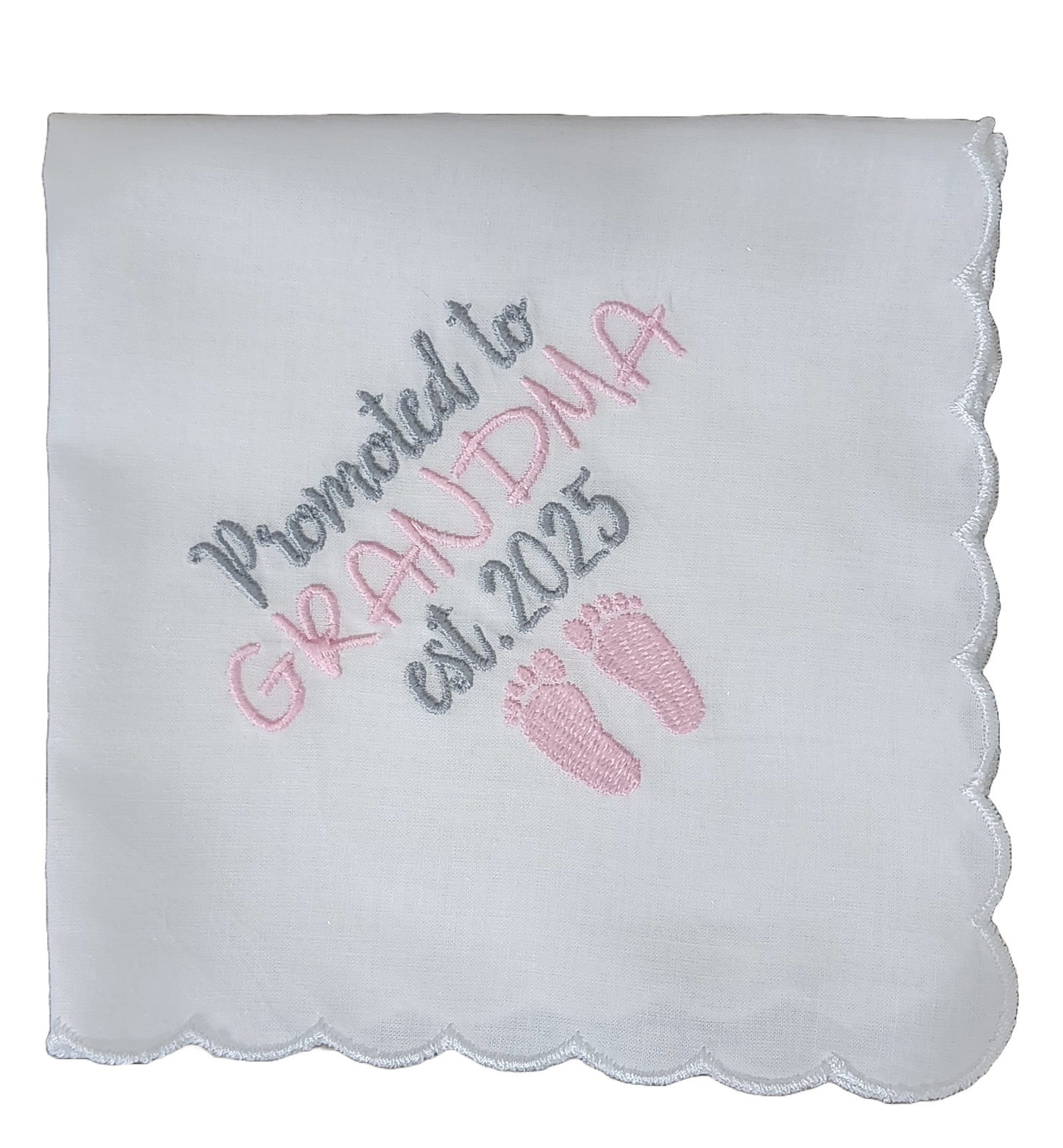 PROMOTED TO GRANDMA est. 2025 Embroidered Square Scalloped Edge Handkerchief - Pink