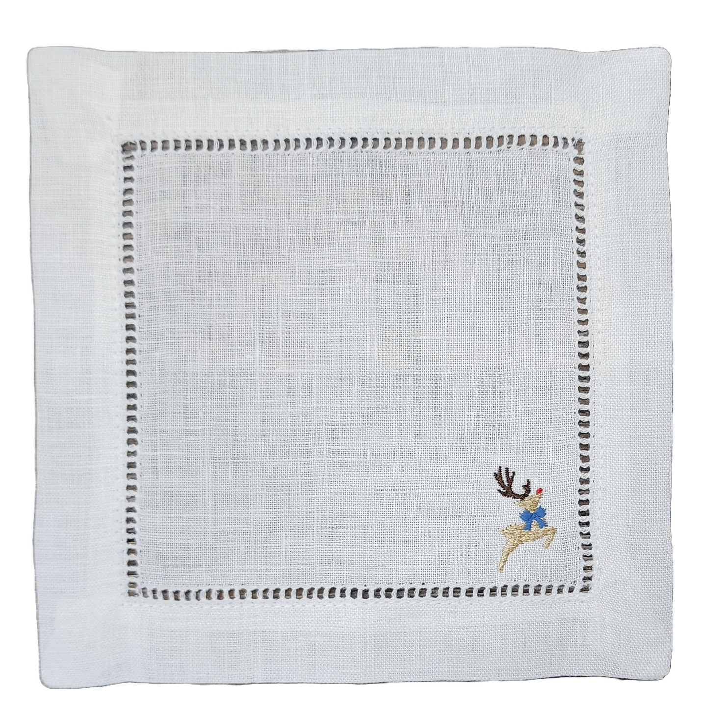 Jumping Reindeer Embroidered Linen Cocktail Napkin
