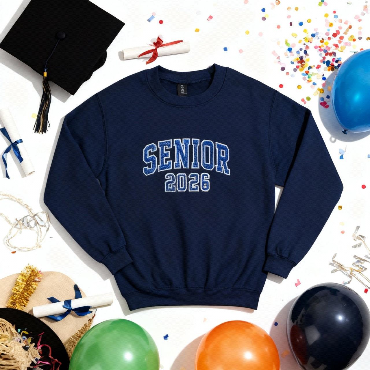 SENIOR 2026 Embroidered Glitter Applique Fleece Crew Sweatshirt - Navy/White