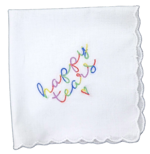 HAPPY TEARS Embroidered Square Scalloped Edge Handkerchief - Rainbow Pride