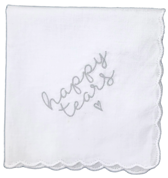 HAPPY TEARS Embroidered Square Scalloped Edge Handkerchief - Silver