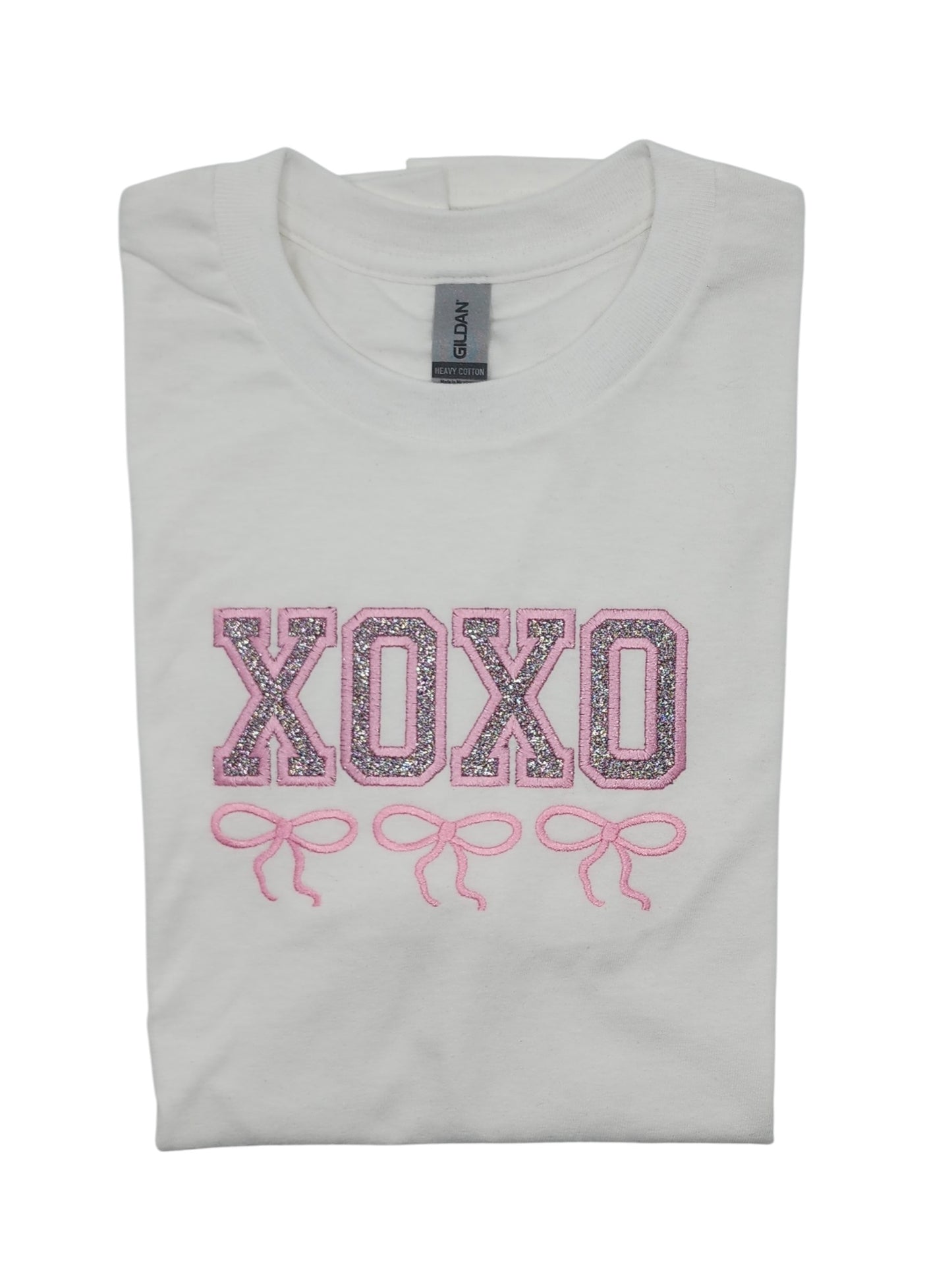 Valentines XOXO Coquette Bows Embroidered Glitter Applique Tee Shirt - Cloud/Confetti