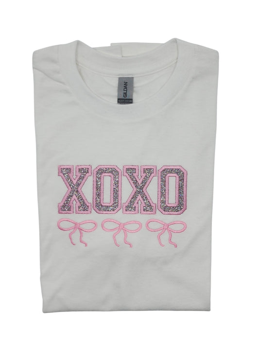 Valentines XOXO Coquette Bows Embroidered Glitter Applique Tee Shirt - Cloud/Confetti