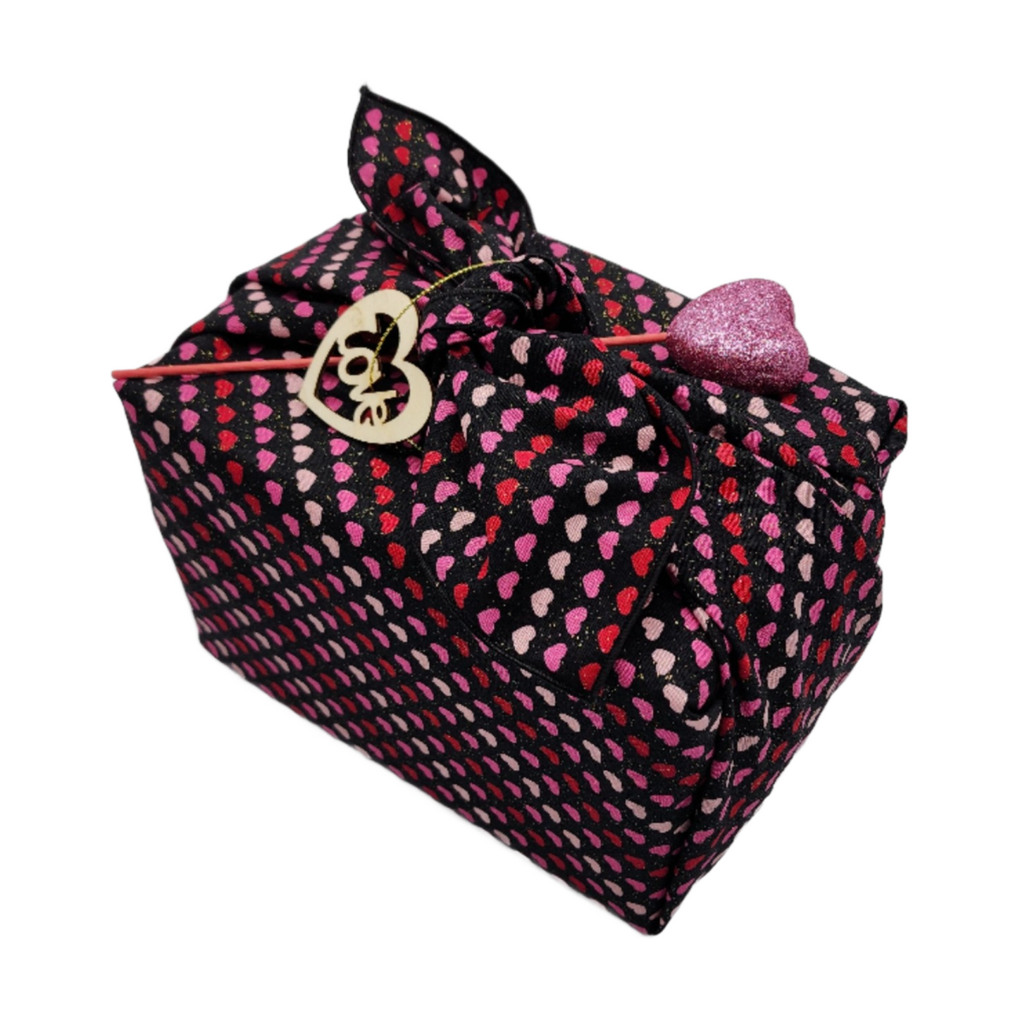 Furoshiki 3 pc Fabric Gift Wrap Kit - Valentine/Hearts on Black Glitter
