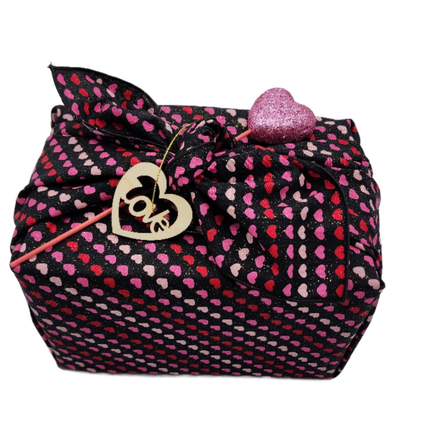 Furoshiki 3 pc Fabric Gift Wrap Kit - Valentine/Hearts on Black Glitter