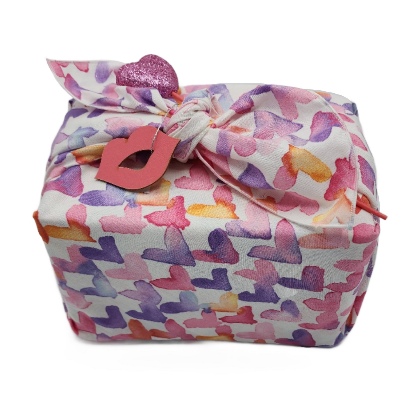 Furoshiki 3 pc Fabric Gift Wrap Kit - Valentine/Watercolor Hearts on White