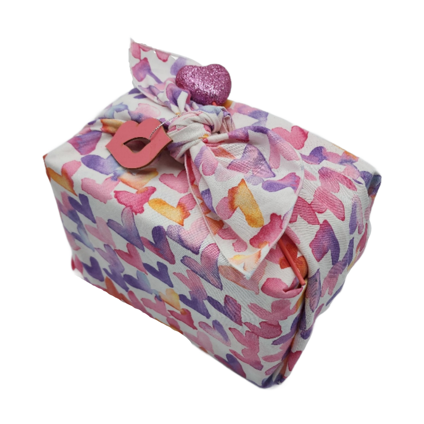 Furoshiki 3 pc Fabric Gift Wrap Kit - Valentine/Watercolor Hearts on White