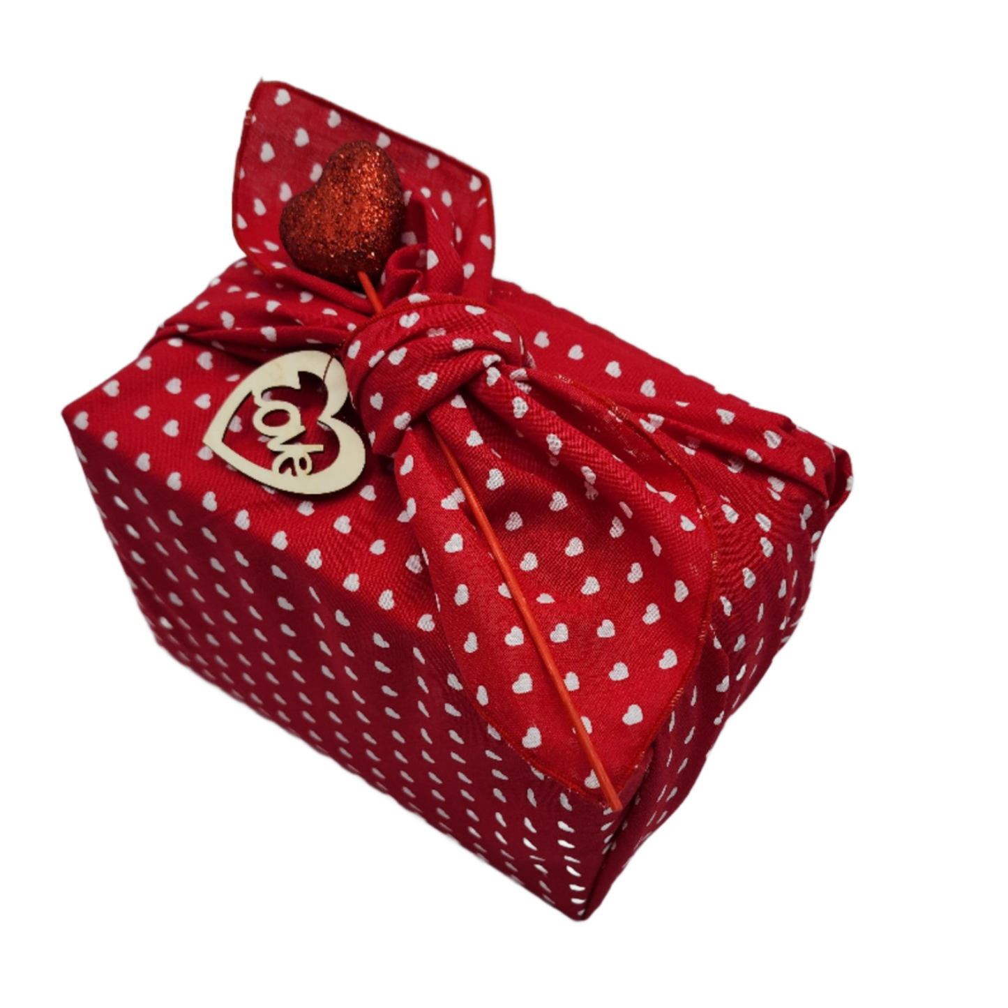 Furoshiki 3 pc Fabric Gift Wrap Kit - Valentine/White Hearts on Red