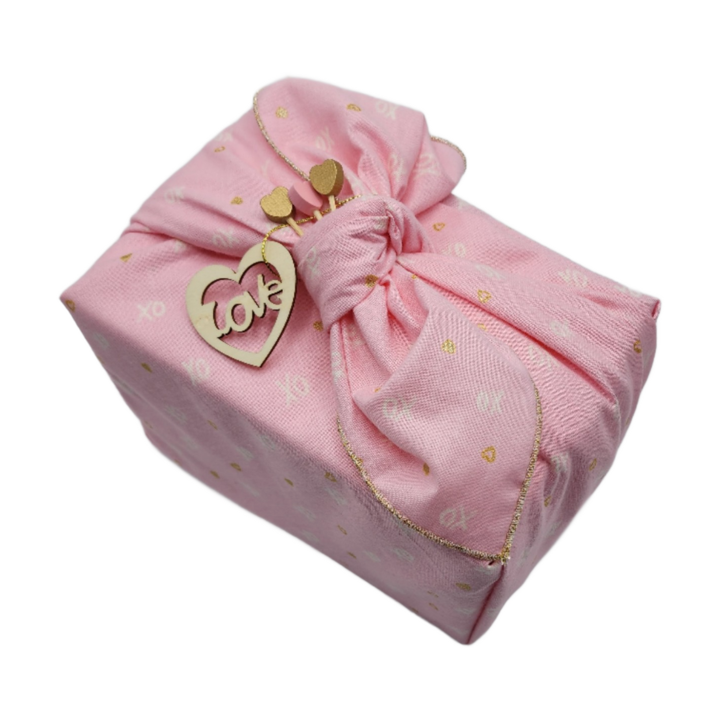 Furoshiki 3 pc Fabric Gift Wrap Kit - Valentine/Gold Hearts on Pink