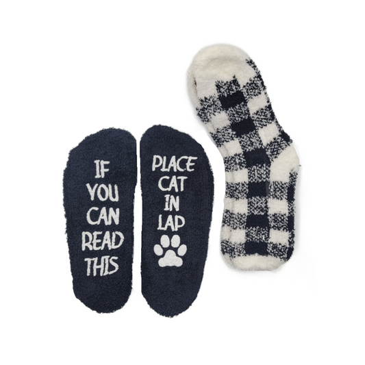 2 pair Fuzzy Socks with Puffy Design - Black/White Buffalo Plaid - If You Can Read This Place Cat in Lap