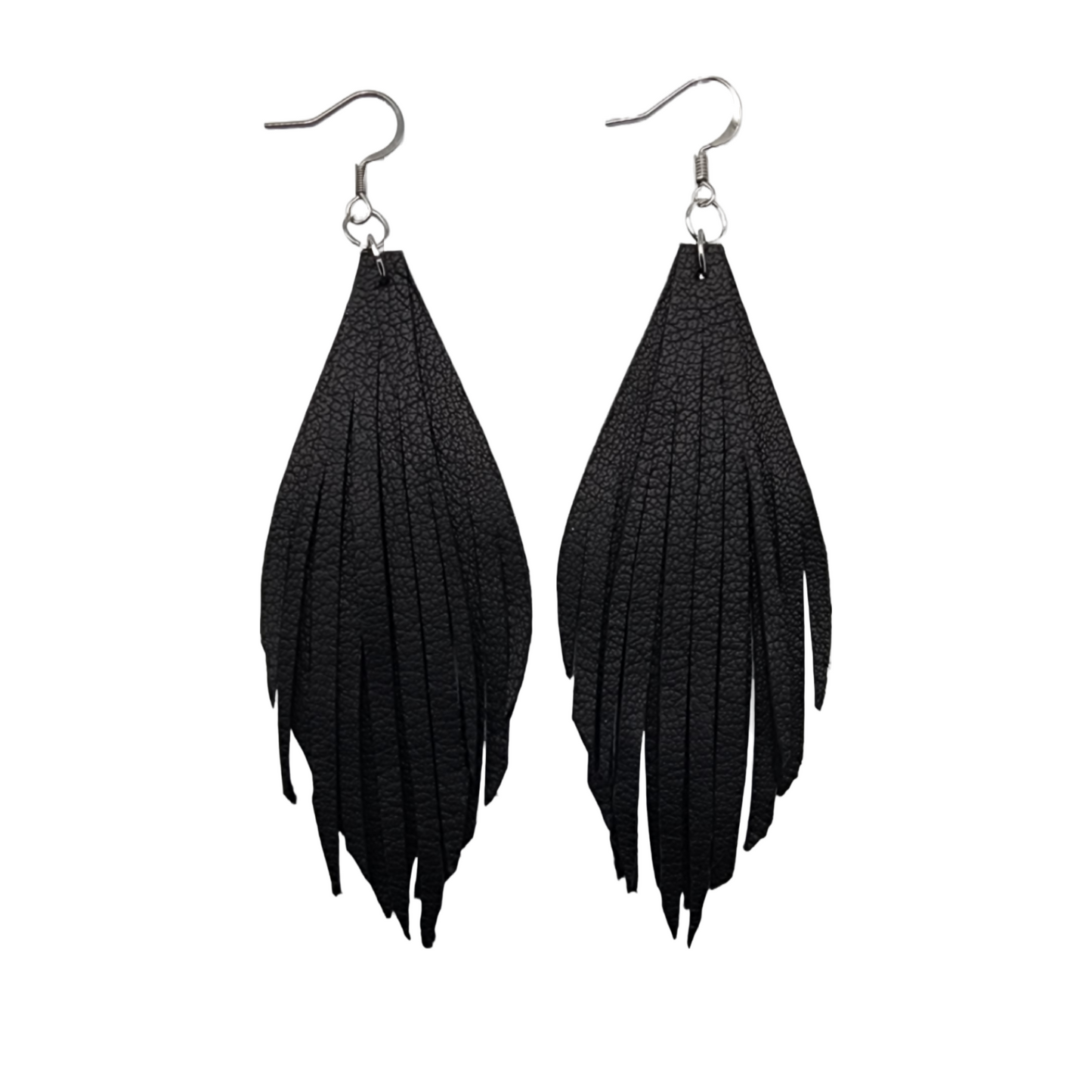 Genuine Leather Fringe Earrings - Black