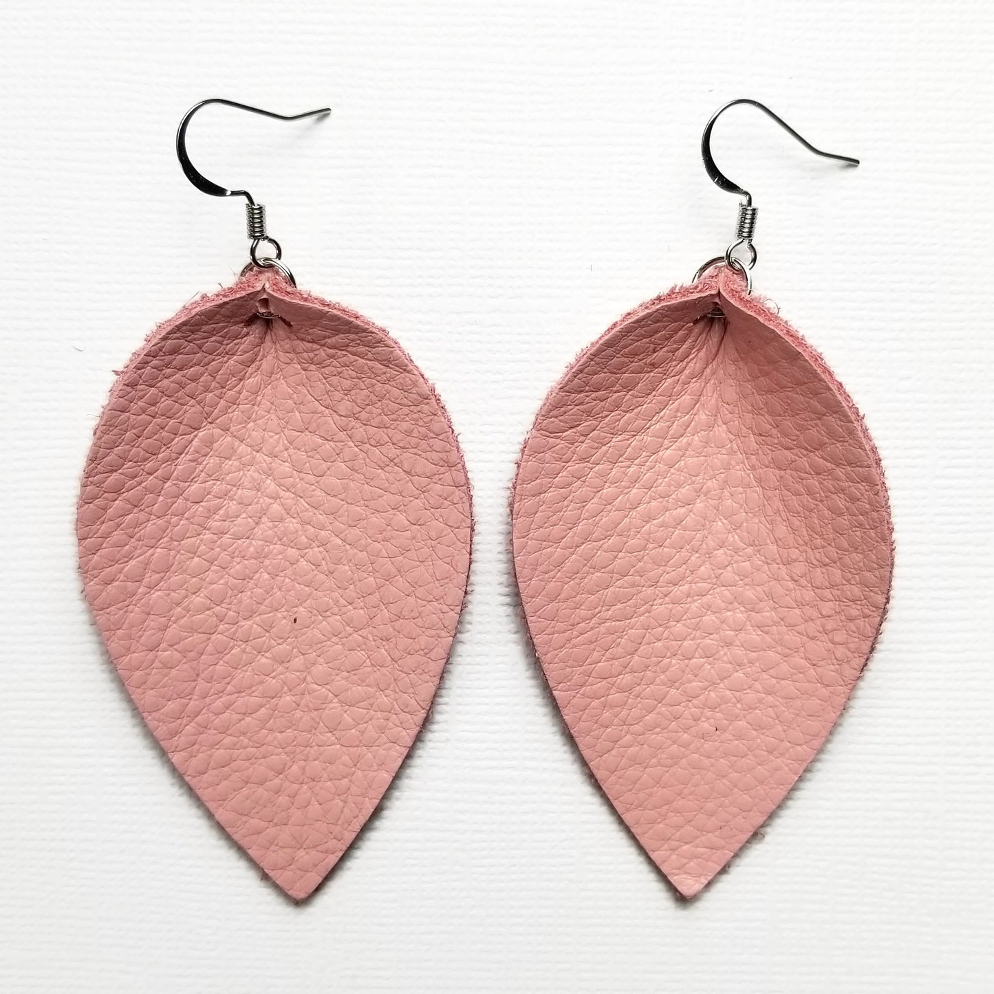 Genuine Leather Pinched Leaf Earrings - Large - Soft Pink