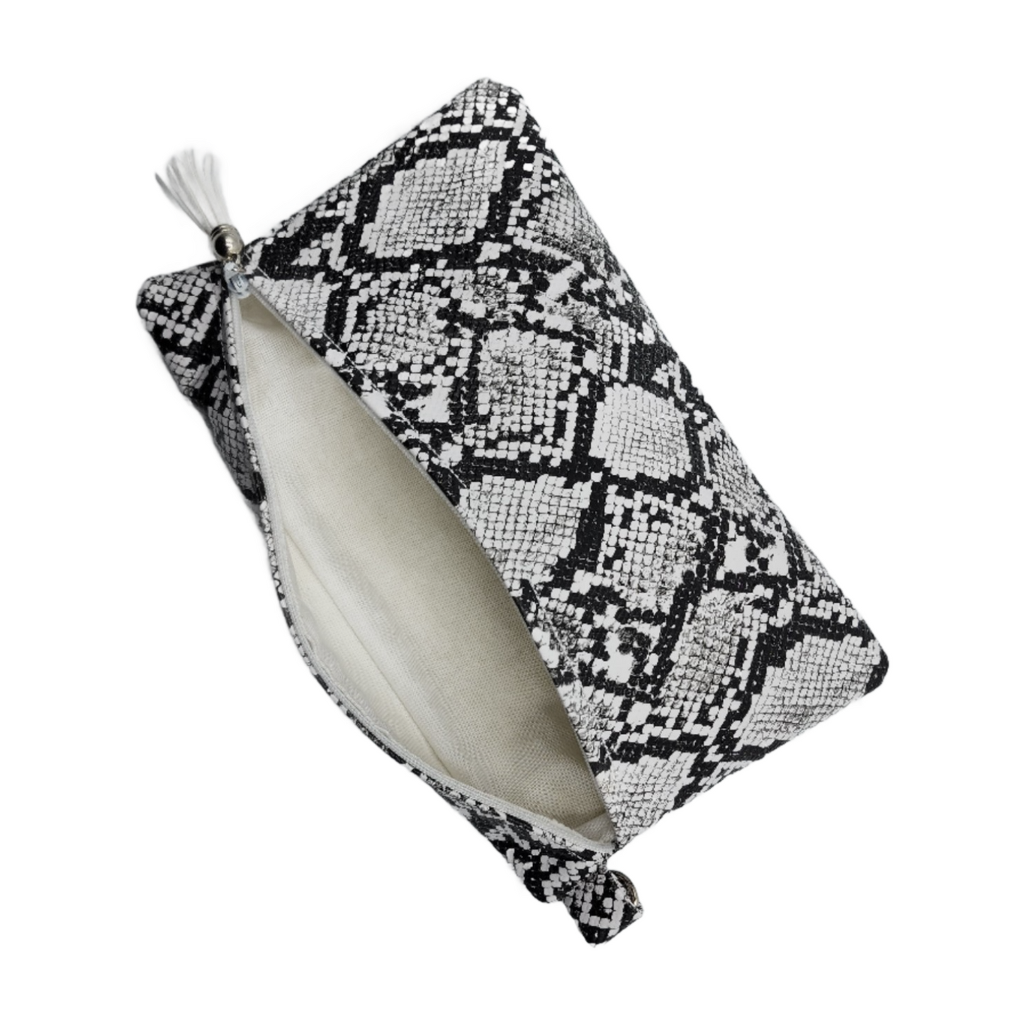 Front Zipper Lined Bag - Vegan Leather Snakeskin Black/White
