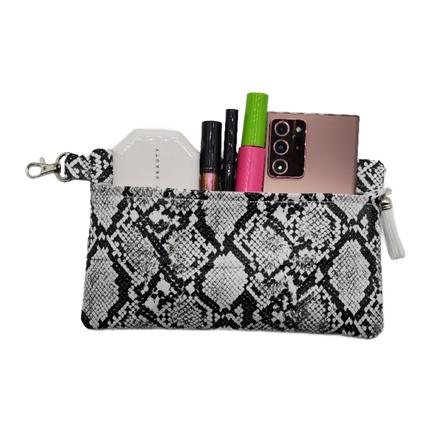 Front Zipper Lined Bag - Vegan Leather Snakeskin Black/White