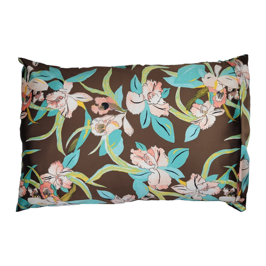 Luxe Satin Zippered Pillowcase - Chocolate/Aqua Floral