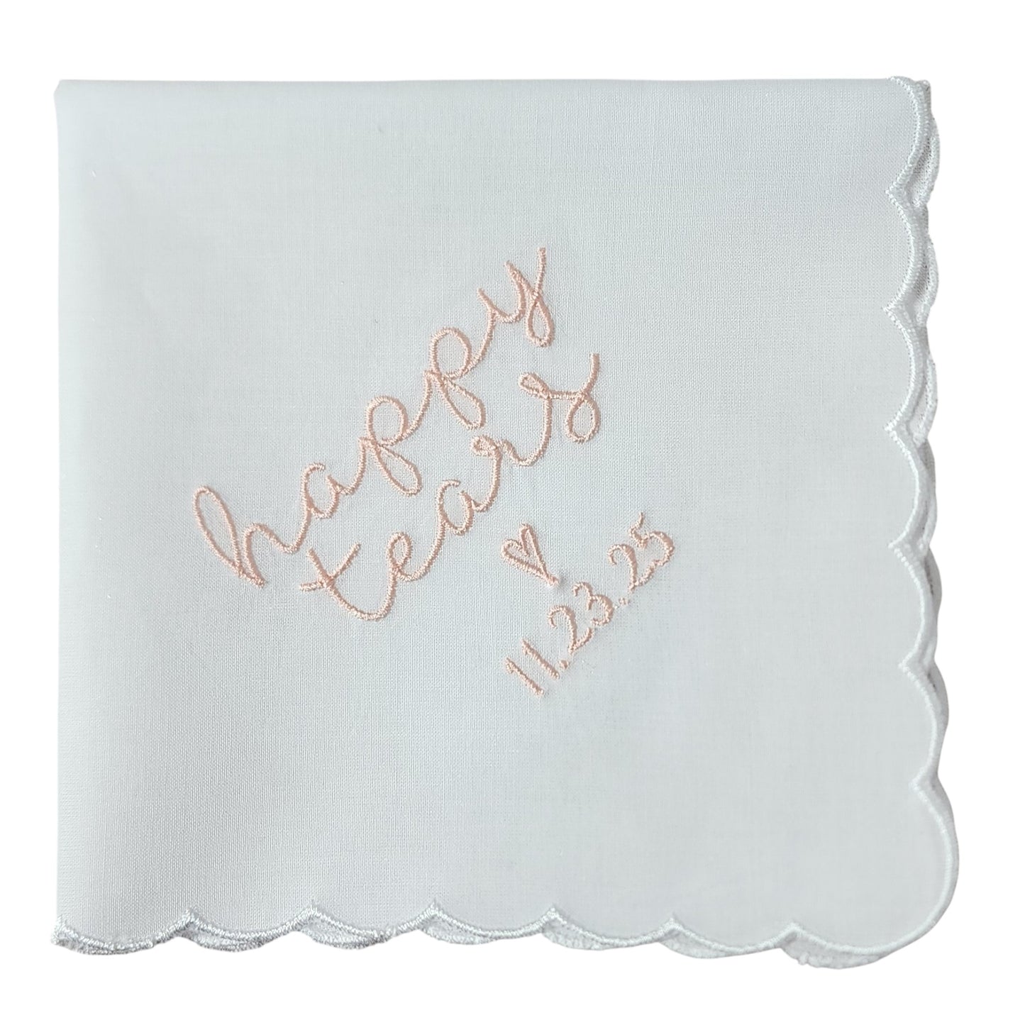 HAPPY TEARS Embroidered Scalloped Edge Handkerchief with Custom Date