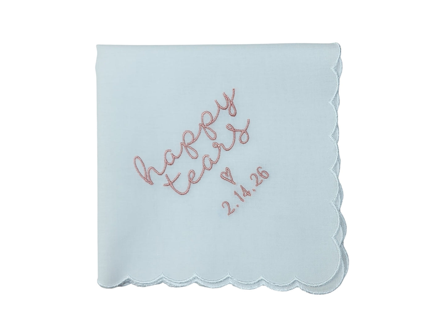 HAPPY TEARS Embroidered Scalloped Edge Handkerchief with Custom Date