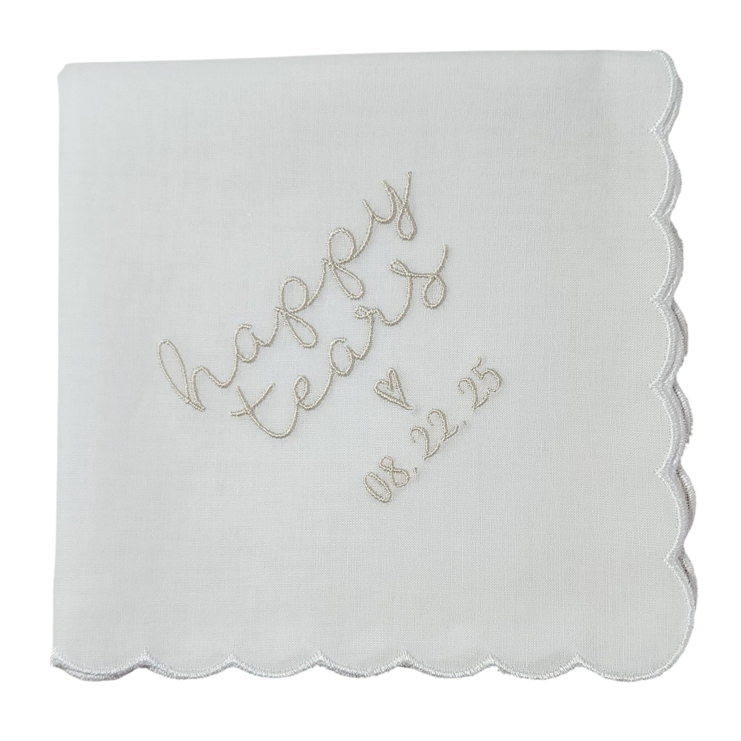HAPPY TEARS Embroidered Scalloped Edge Handkerchief with Custom Date