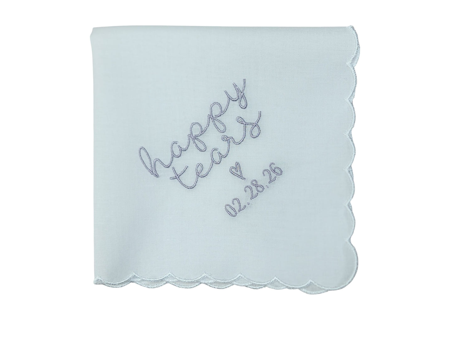 HAPPY TEARS Embroidered Scalloped Edge Handkerchief with Custom Date