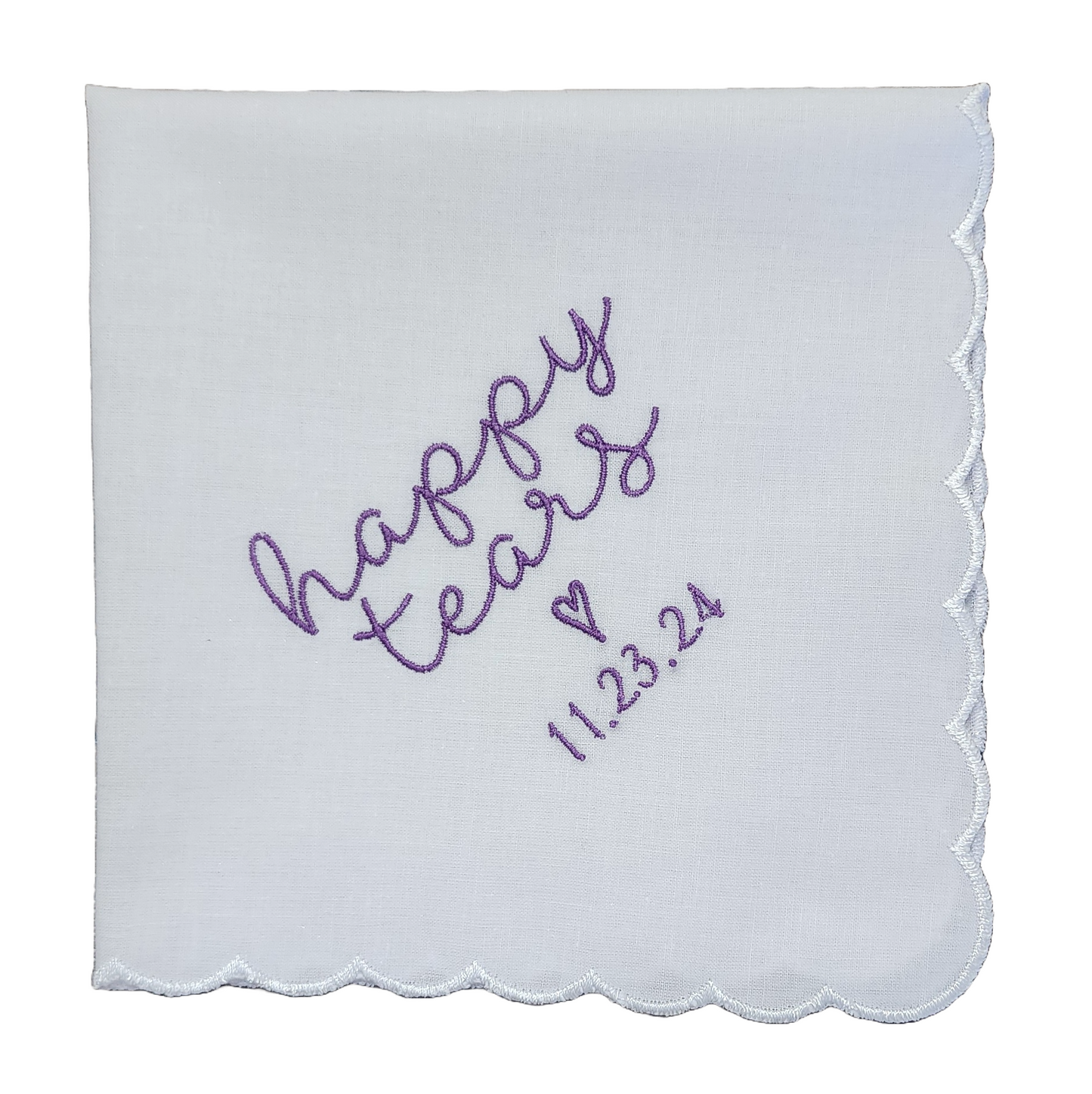 HAPPY TEARS Embroidered Scalloped Edge Handkerchief with Custom Date