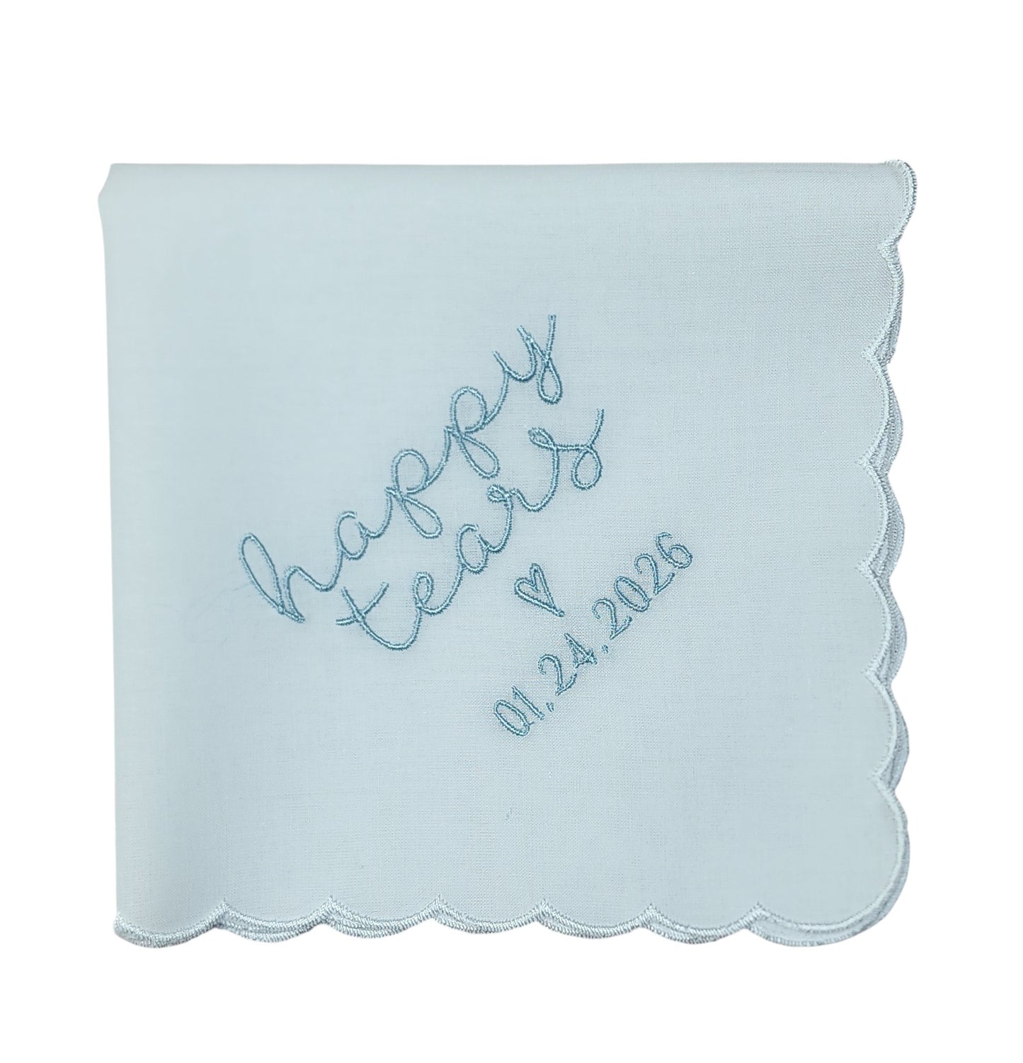 HAPPY TEARS Embroidered Scalloped Edge Handkerchief with Custom Date