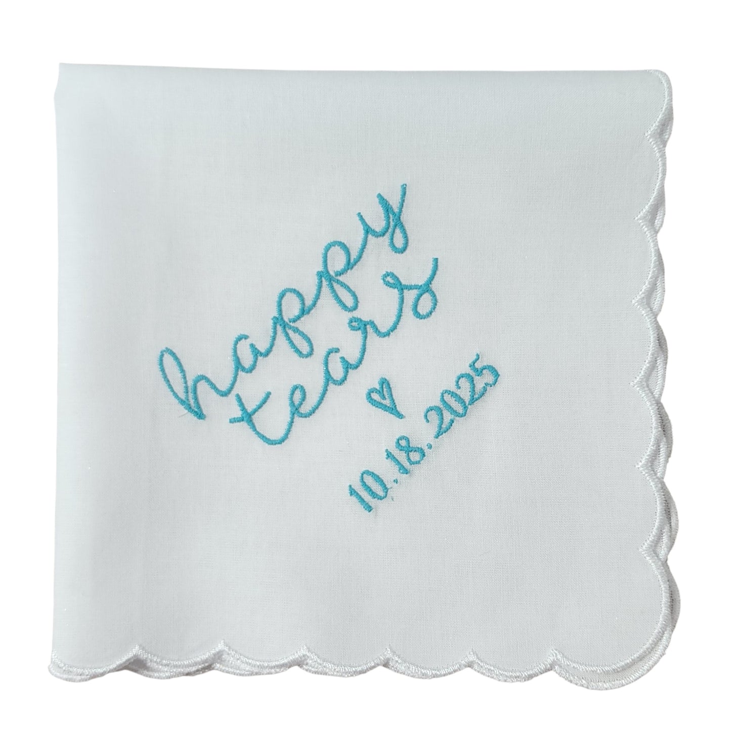 HAPPY TEARS Embroidered Scalloped Edge Handkerchief with Custom Date
