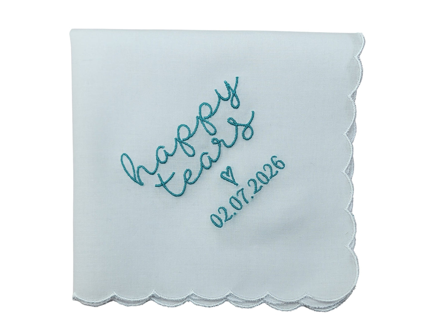 HAPPY TEARS Embroidered Scalloped Edge Handkerchief with Custom Date