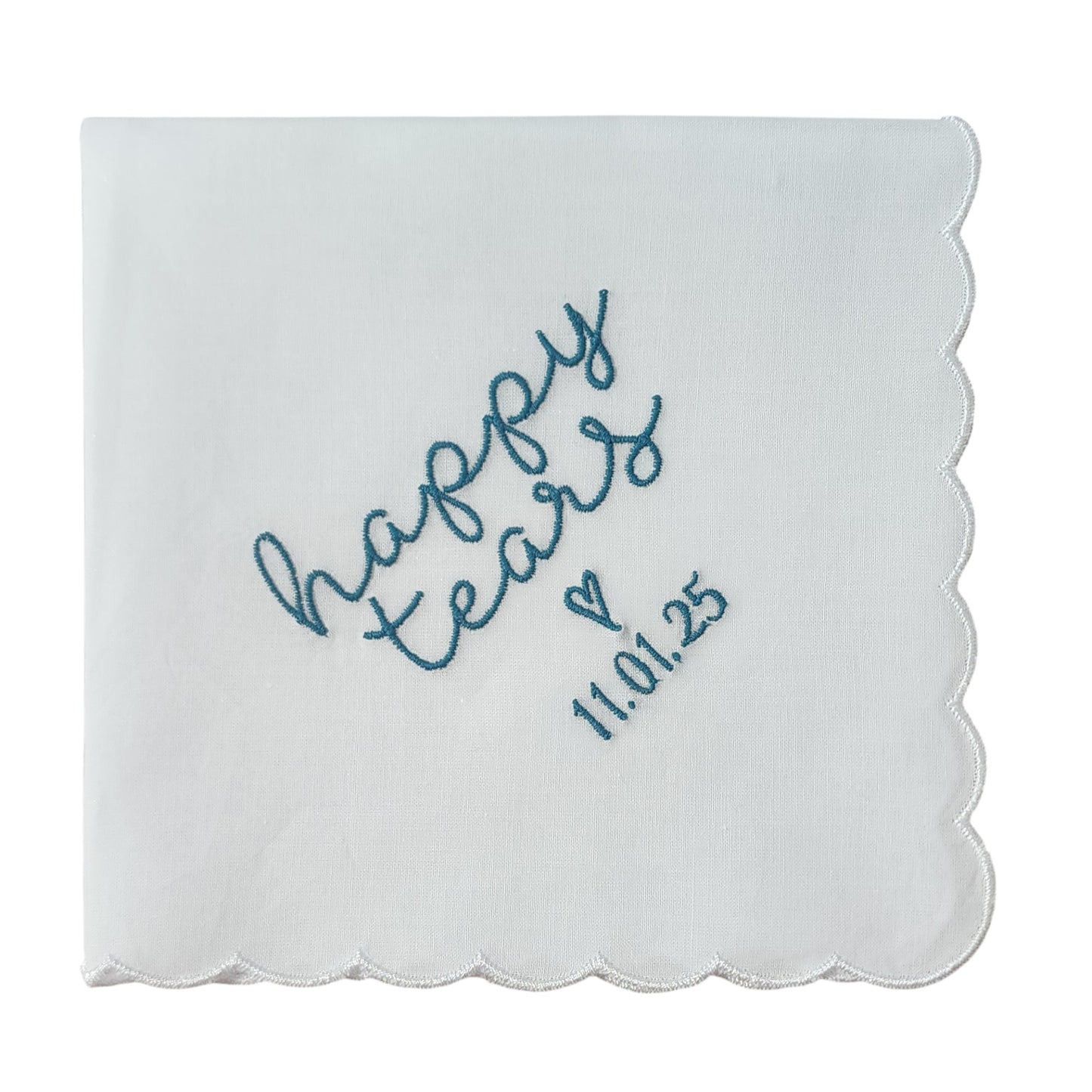 HAPPY TEARS Embroidered Scalloped Edge Handkerchief with Custom Date
