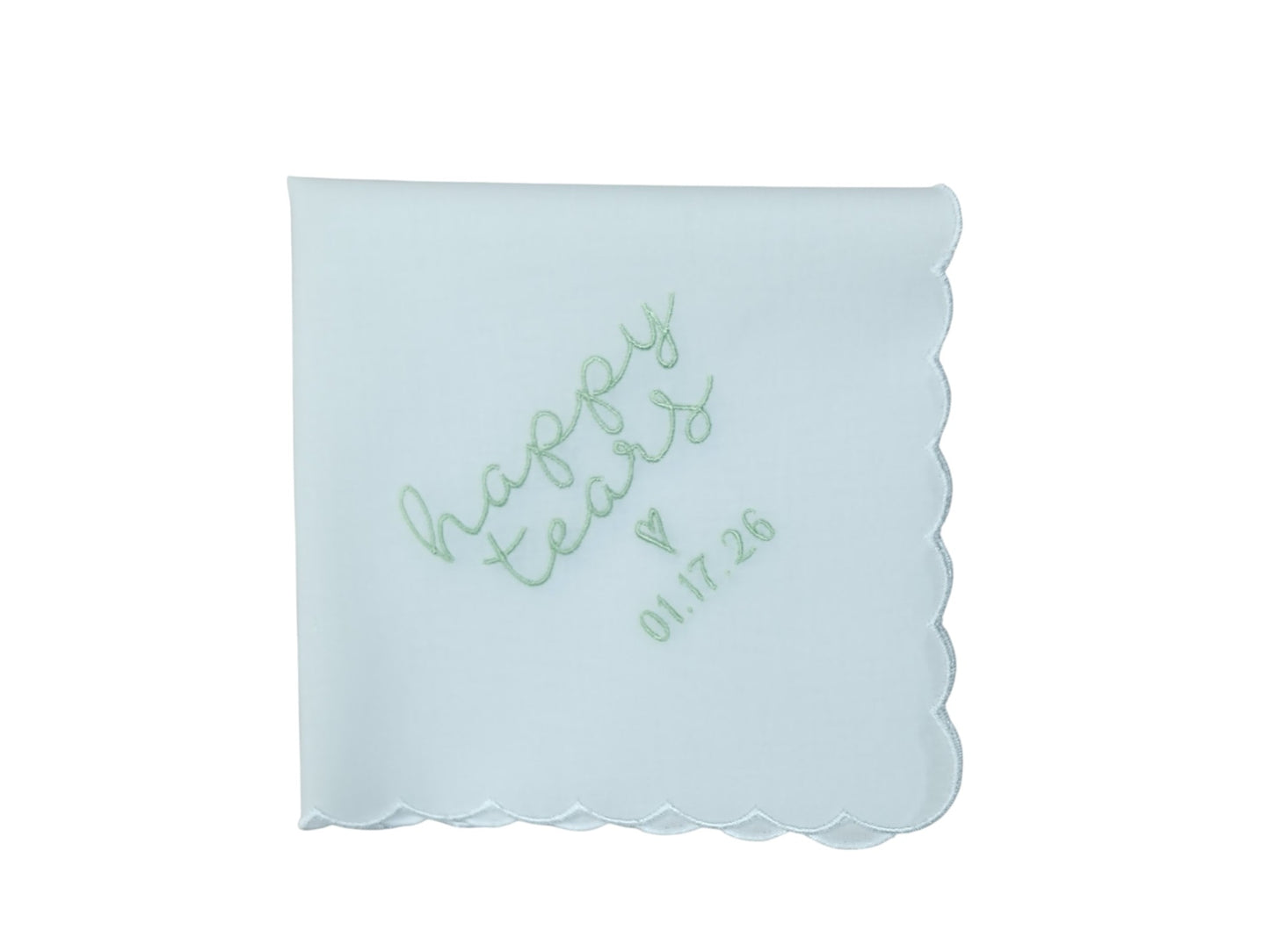 HAPPY TEARS Embroidered Scalloped Edge Handkerchief with Custom Date
