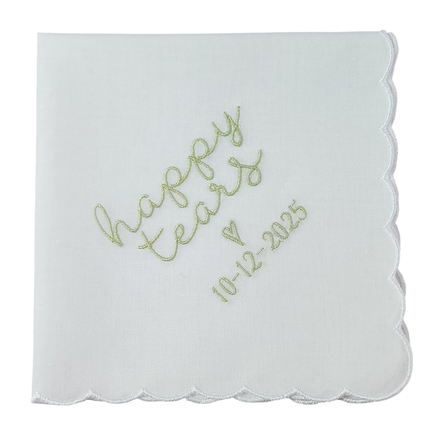 HAPPY TEARS Embroidered Scalloped Edge Handkerchief with Custom Date