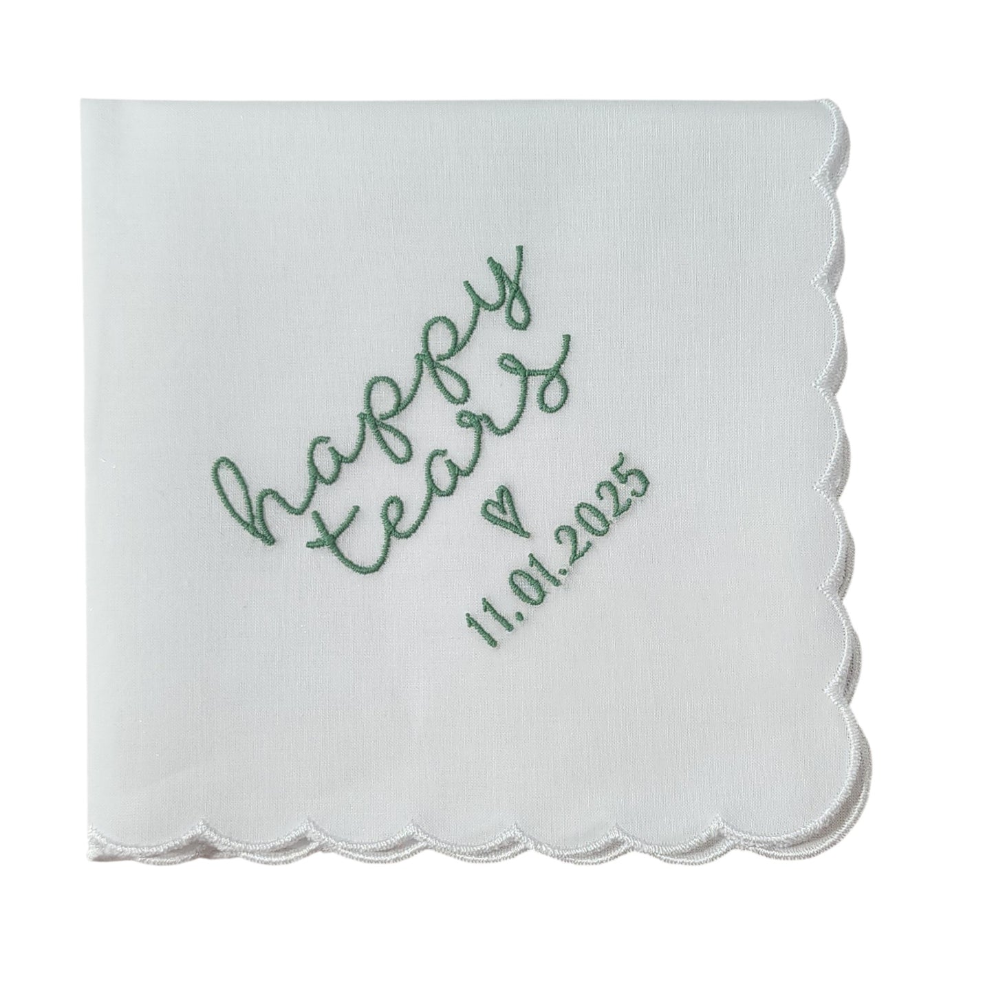 HAPPY TEARS Embroidered Scalloped Edge Handkerchief with Custom Date