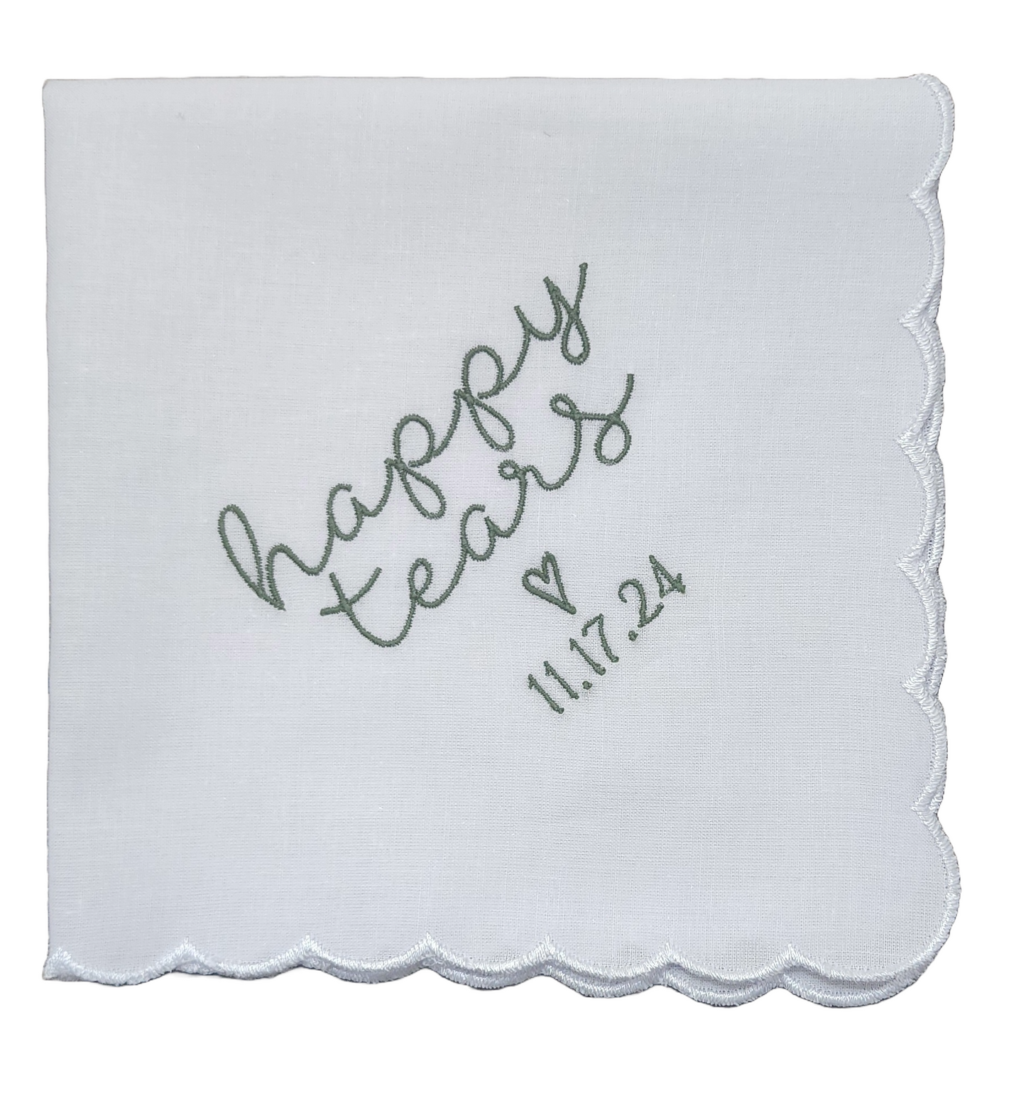 HAPPY TEARS Embroidered Scalloped Edge Handkerchief with Custom Date