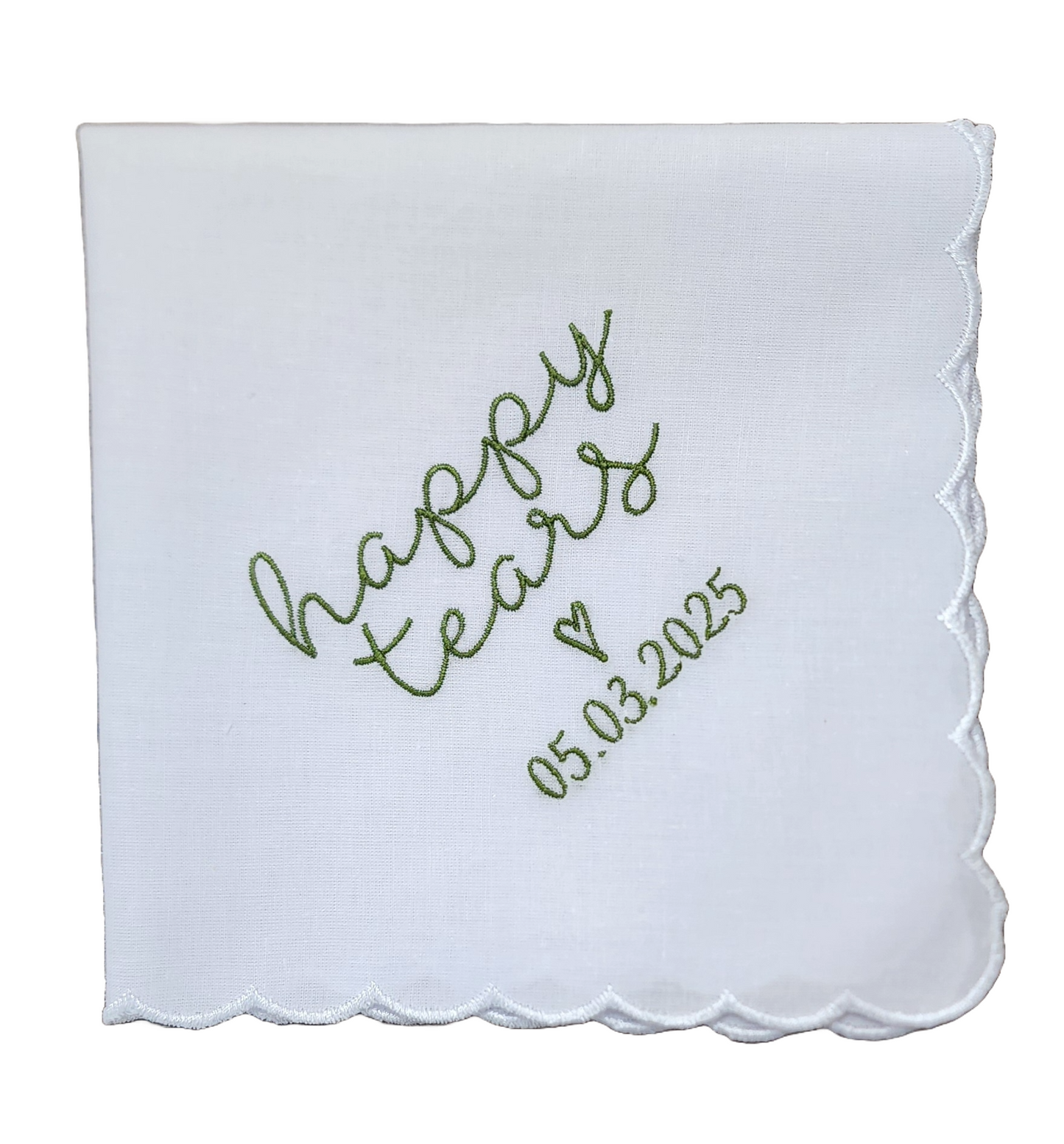 HAPPY TEARS Embroidered Scalloped Edge Handkerchief with Custom Date