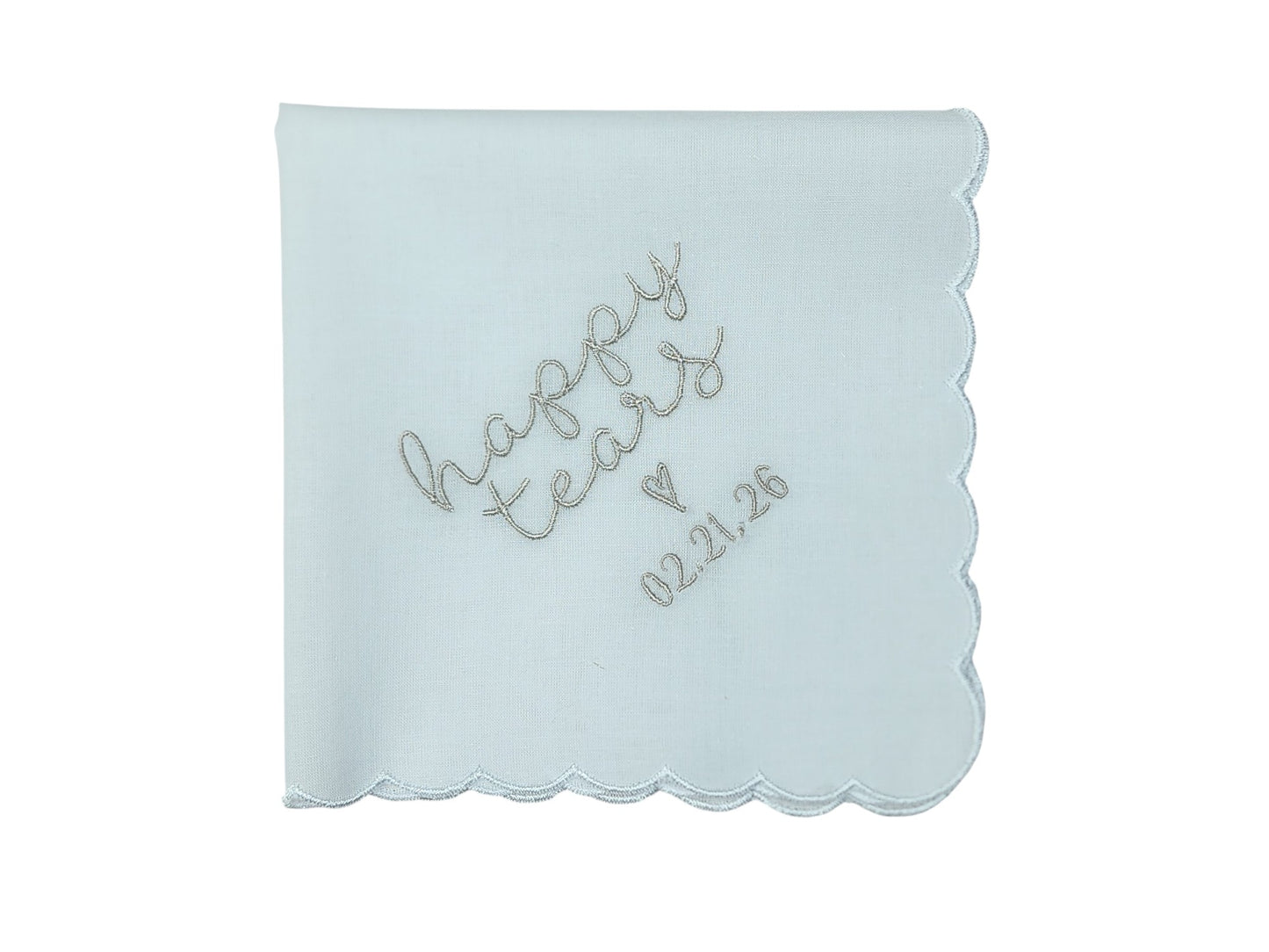 HAPPY TEARS Embroidered Scalloped Edge Handkerchief with Custom Date