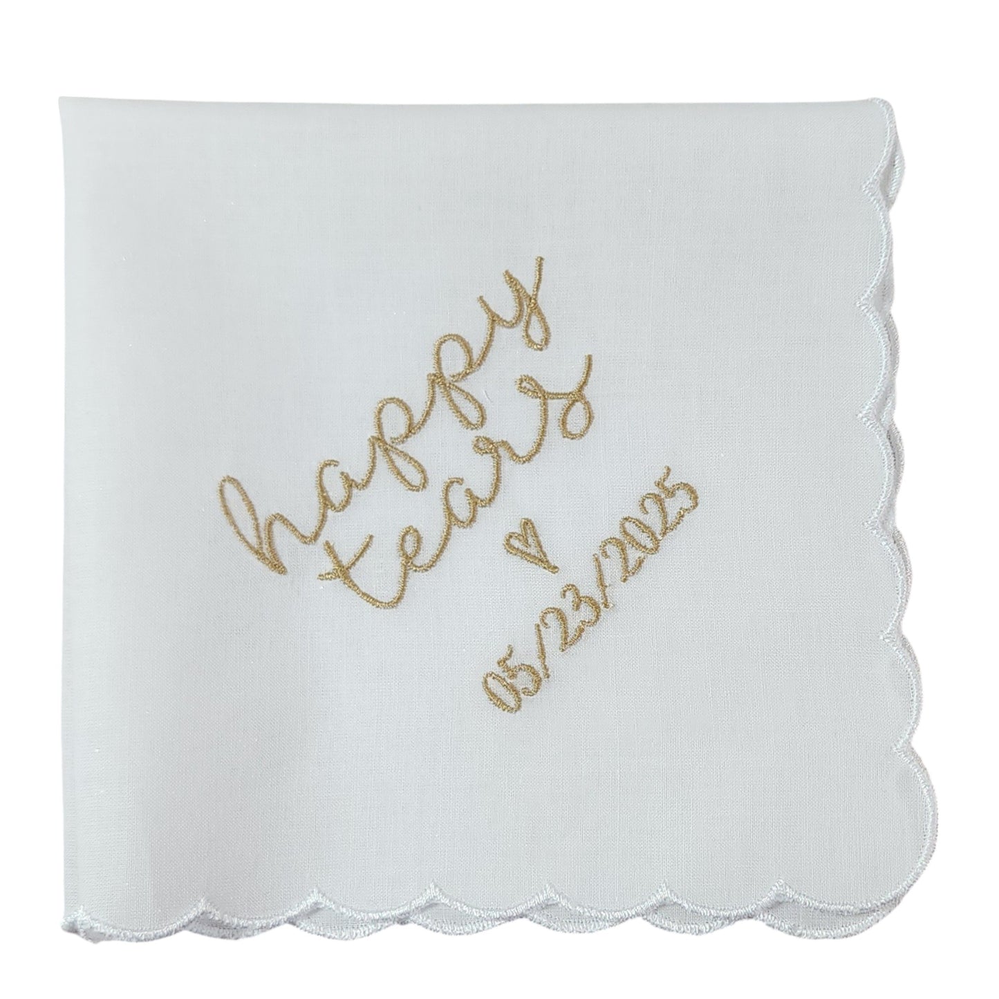 HAPPY TEARS Embroidered Scalloped Edge Handkerchief with Custom Date