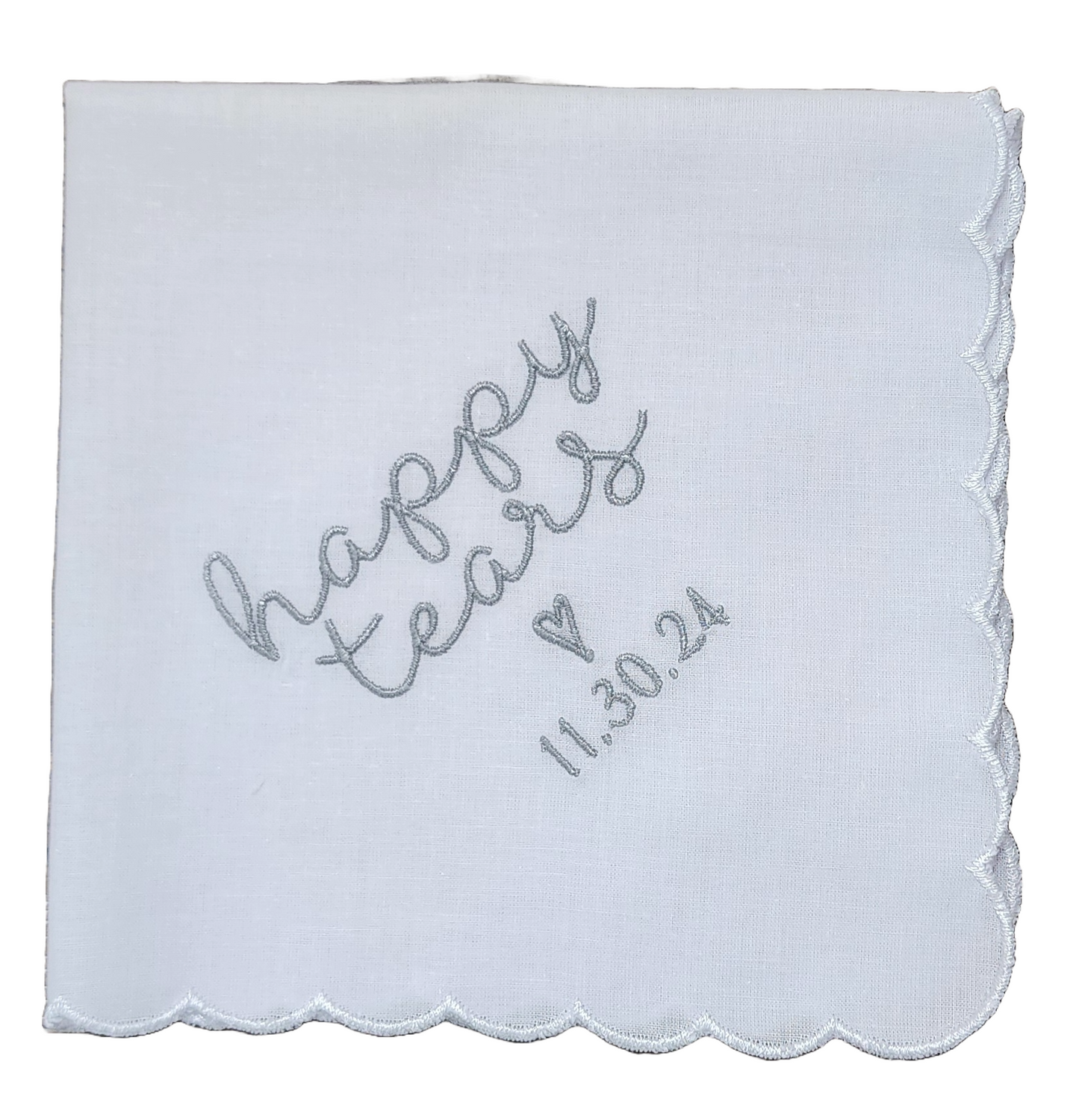 HAPPY TEARS Embroidered Scalloped Edge Handkerchief with Custom Date