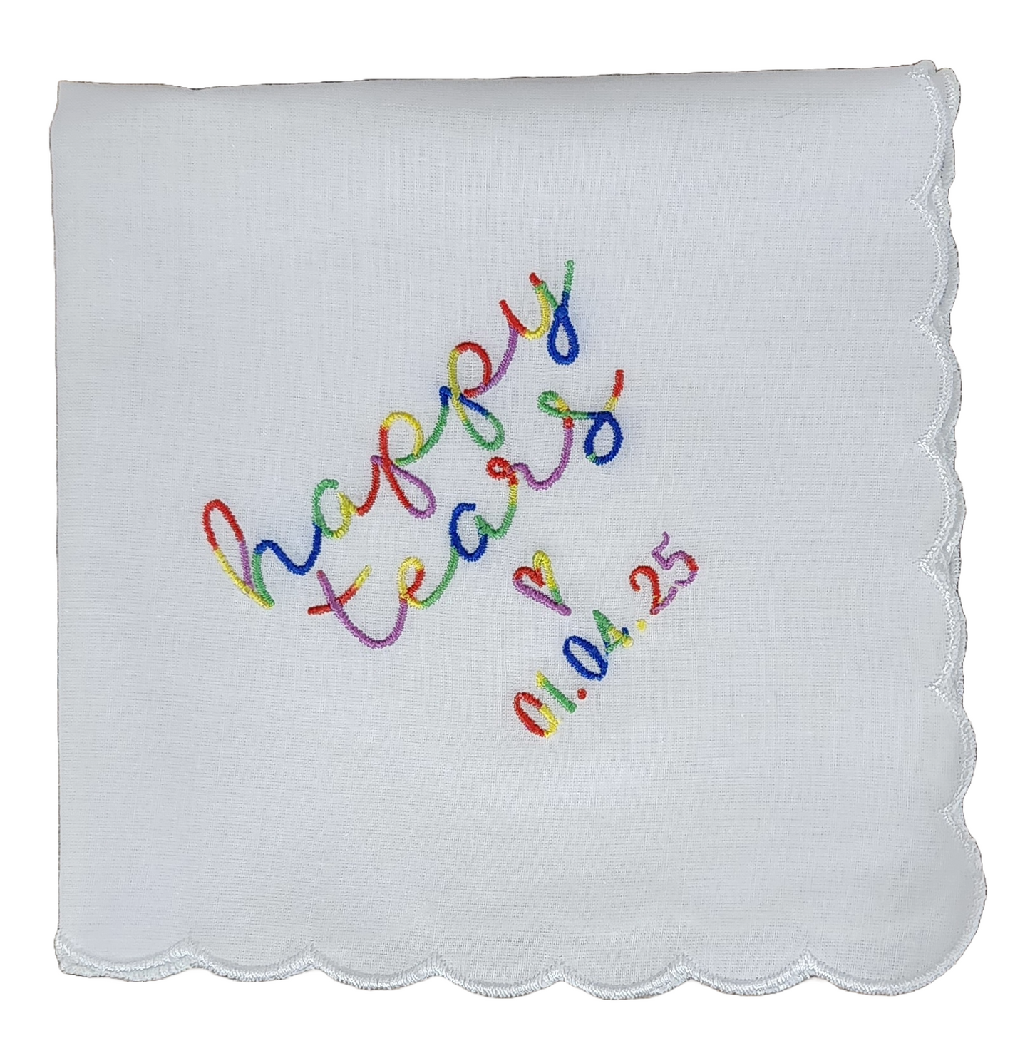 HAPPY TEARS Embroidered Scalloped Edge Handkerchief with Custom Date