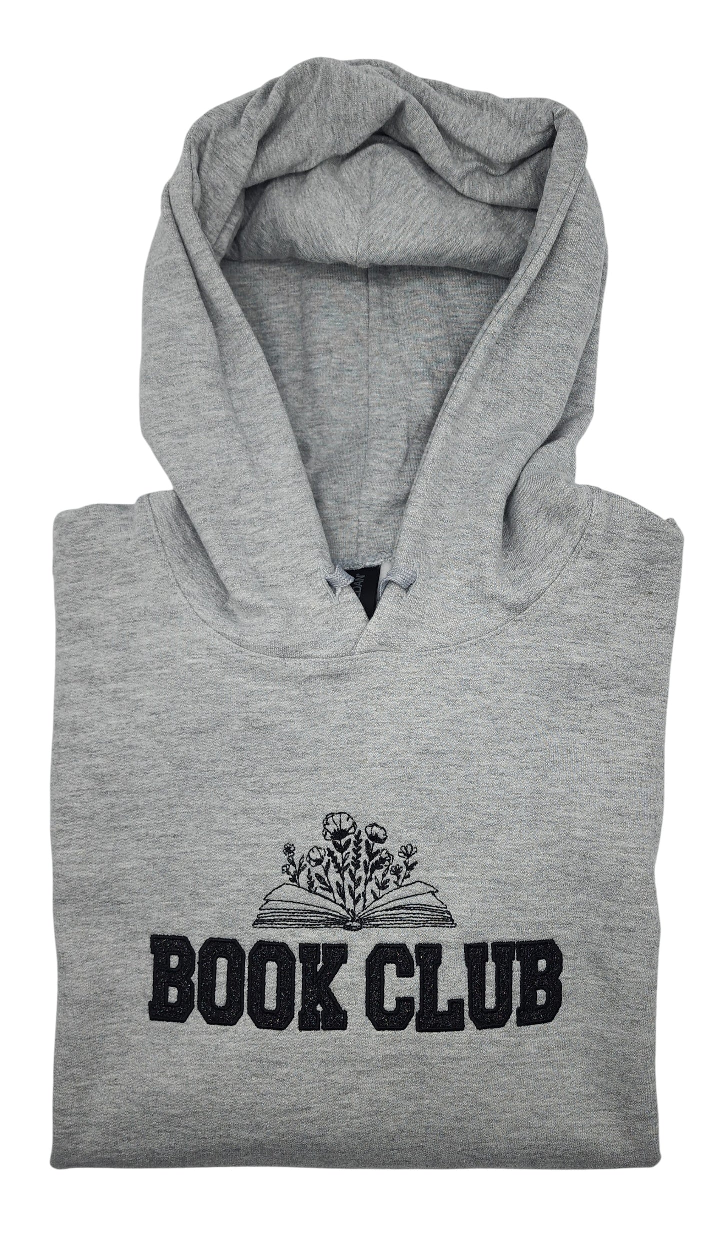 BOOK CLUB Embroidered Glitter Applique Fleece Hooded Sweatshirt Sweater - Gray/Black
