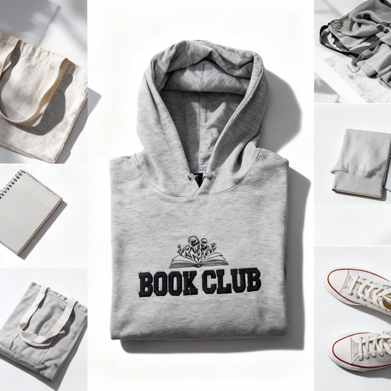 BOOK CLUB Embroidered Glitter Applique Fleece Hooded Sweatshirt Sweater - Gray/Black