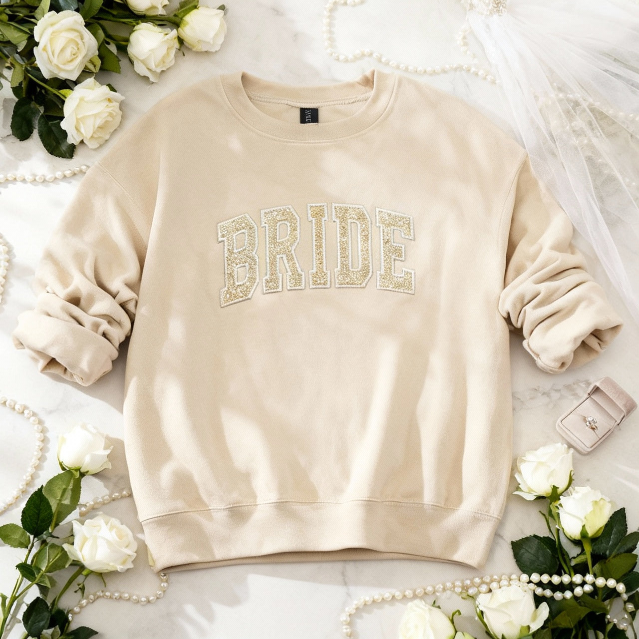 BRIDE Embroidered Glitter Applique Fleece Crew Sweatshirt - Sand