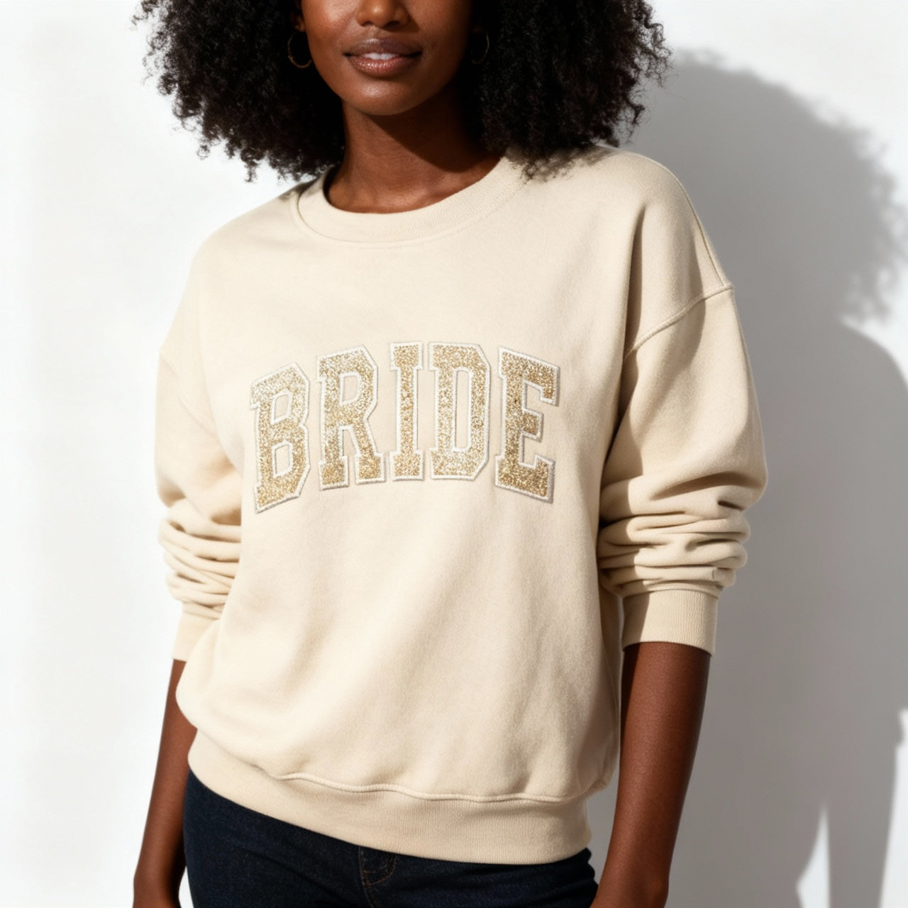 BRIDE Embroidered Glitter Applique Fleece Crew Sweatshirt - Sand