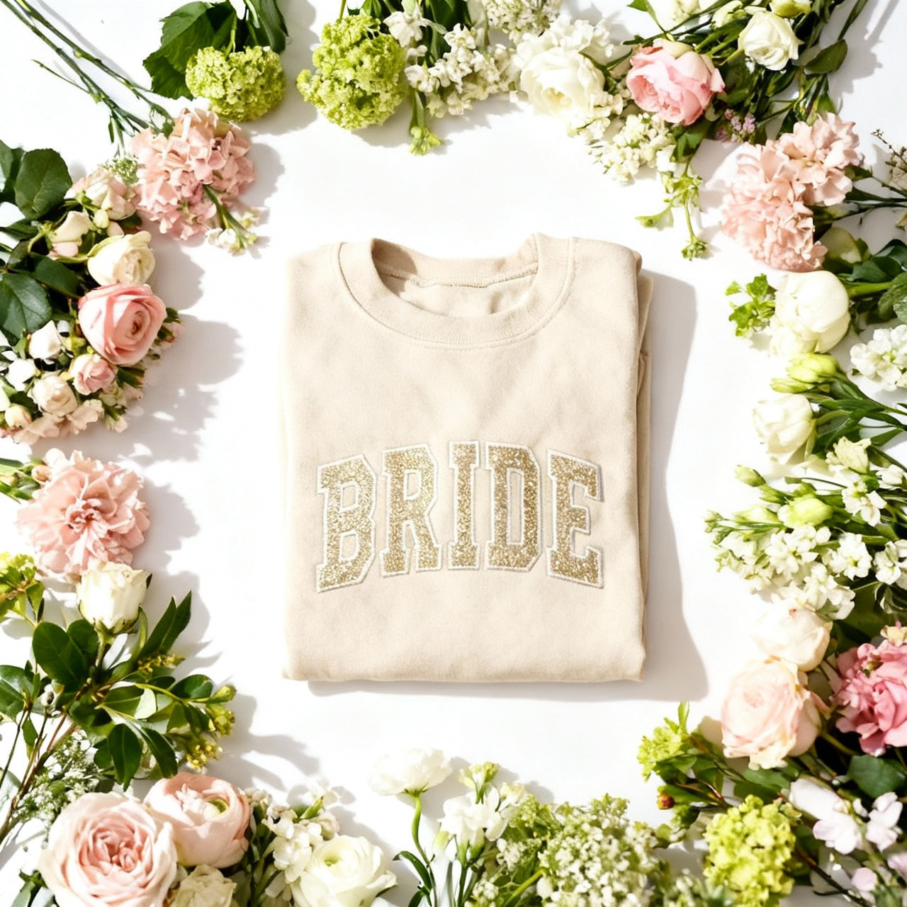 BRIDE Embroidered Glitter Applique Fleece Crew Sweatshirt - Sand