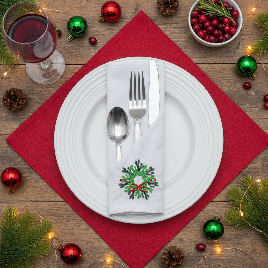 Christmas Wreath Embroidered Cotton 18x18 inch Dinner Napkins