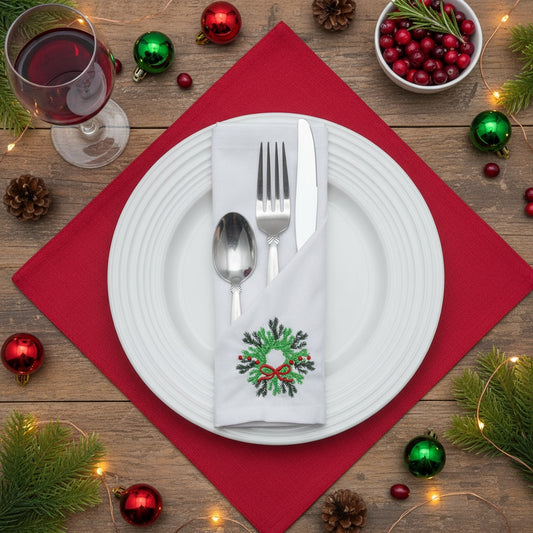 Christmas Wreath Embroidered Cotton 18x18 inch Dinner Napkins